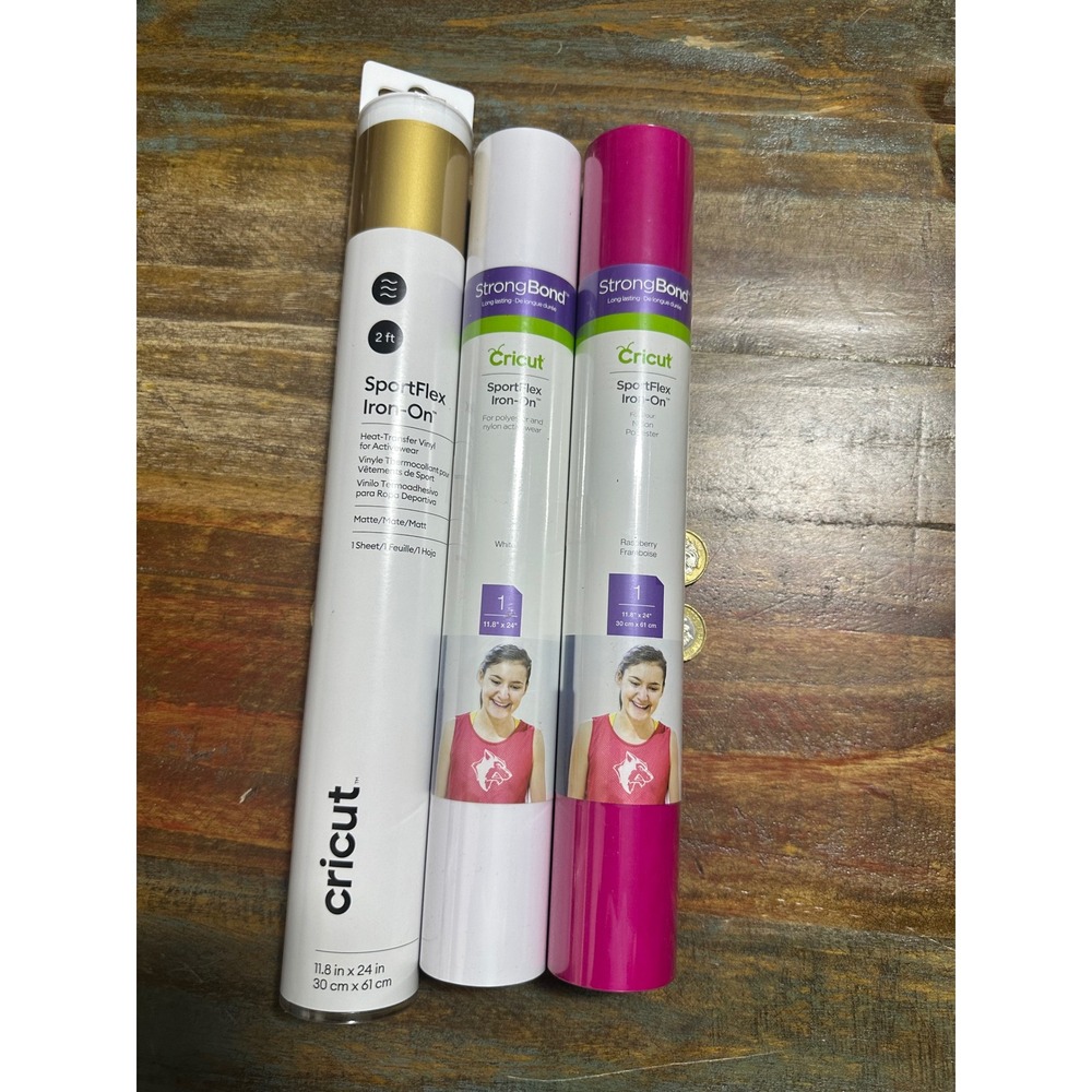 Cricut‎ SportFlex Iron-On HTV Vinyl Bundle Gold White Raspberry 11.8x24 3 Rolls